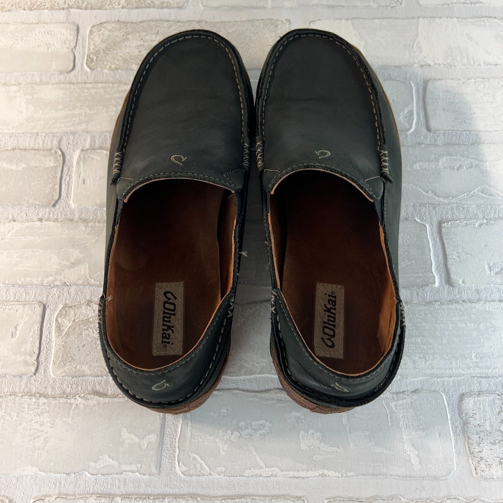 Olukai Moloa Shoes Mens 11 Black Convertible Leather Slip On Casual Moc Loafers - Picture 5 of 14